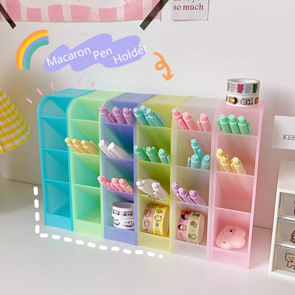 Macaron Color Desktop Pen Holder Pencil Makeup Brush Storage Box 4 Grid Oblique 