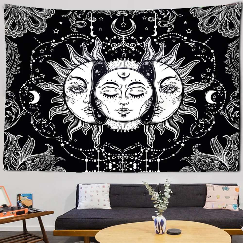 Mandala Tapestry White Black Sun And Moon Tapestry Wall Hanging Tarot Hippie Wal