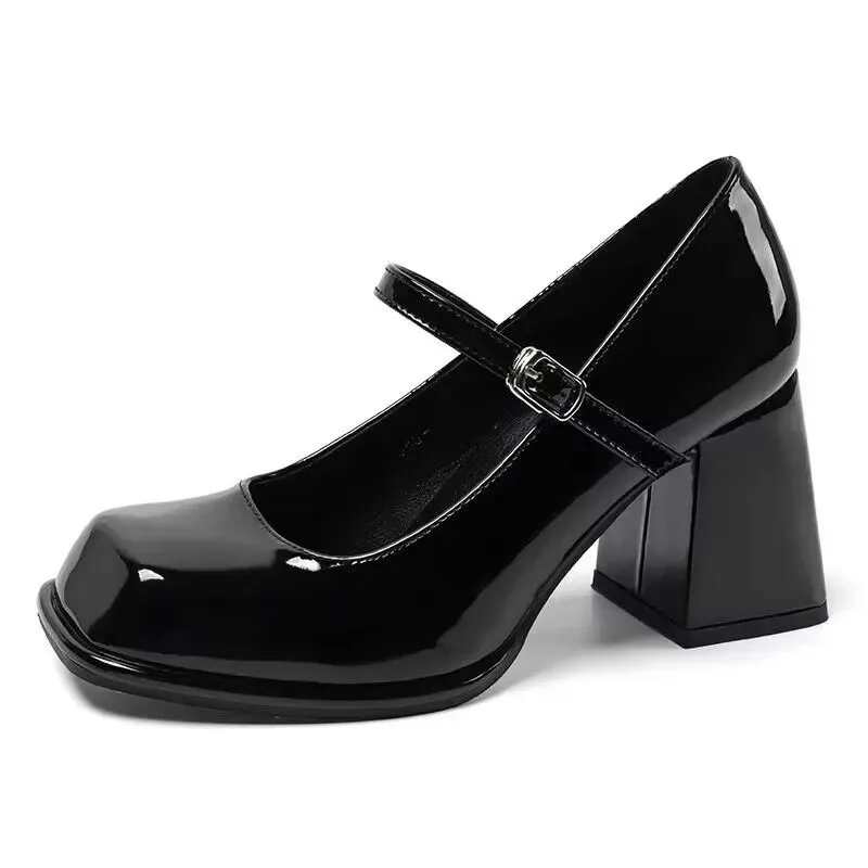 Mary Janes Vintage Black Sandals Woman Buckle Non-Slip CasualMedium Heels Office