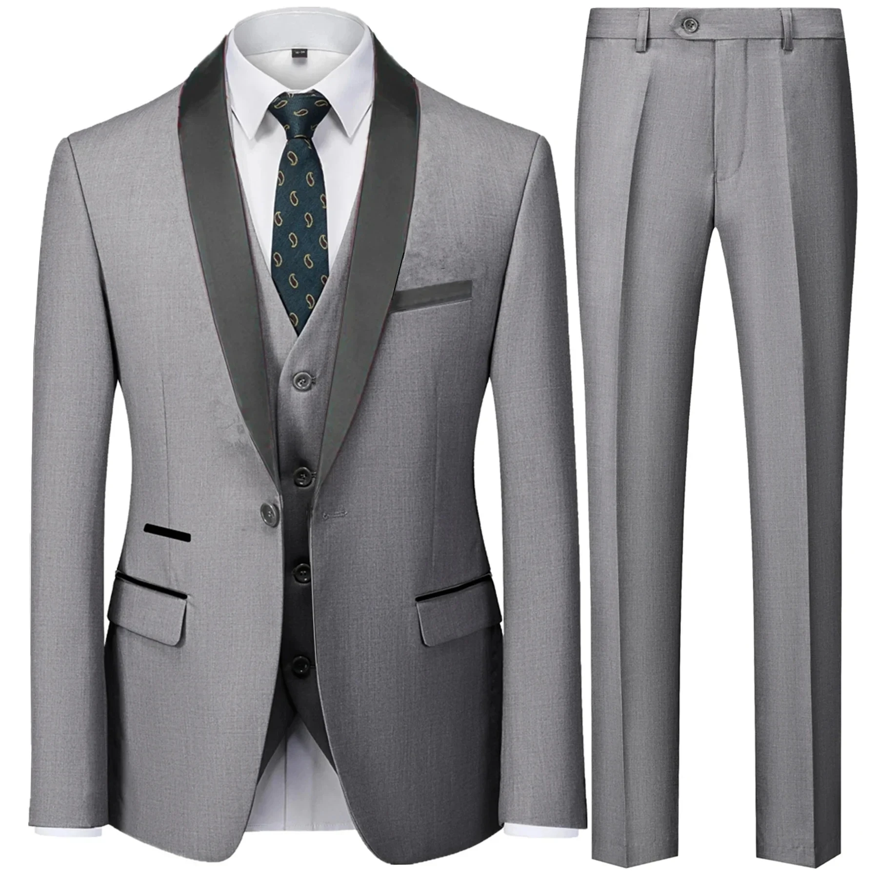 Men Mariage Color Block Collar Suits Jacket Trousers Waistcoat Male Business Cas