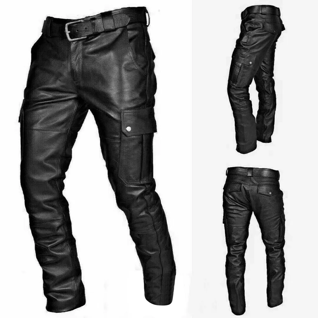 Men's Fashion Clubwear Punk Retro Goth Slim Casual Long Pants Faux Leather Fashi