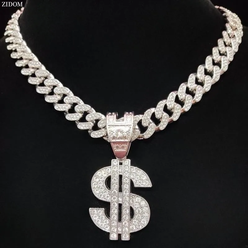 Men Women Hip Hop Dollar Pendant Necklace with 13mm Cuban Chain Hiphop Iced out 