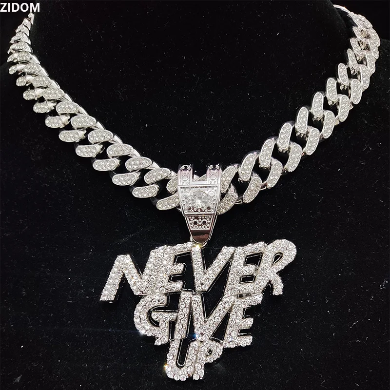 Men Women Hip Hop NEVER GIVE UP Pendant Necklace 13mm Crystal Cuban Chain HipHop