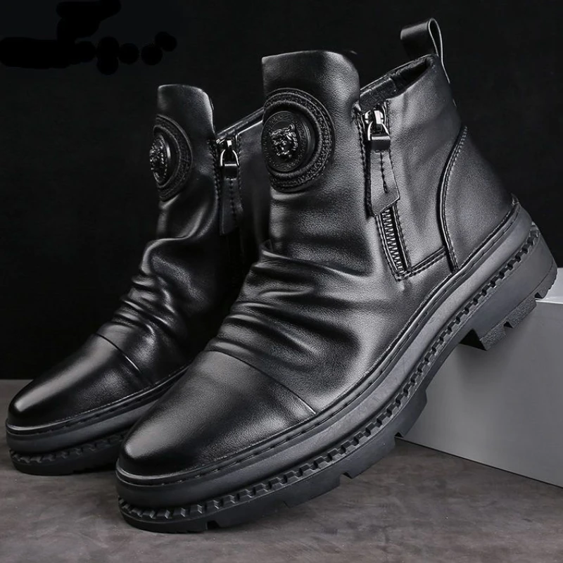 Men's Motorcycle Leather Boots British Style Round Head High Top Shoes Side Zip 