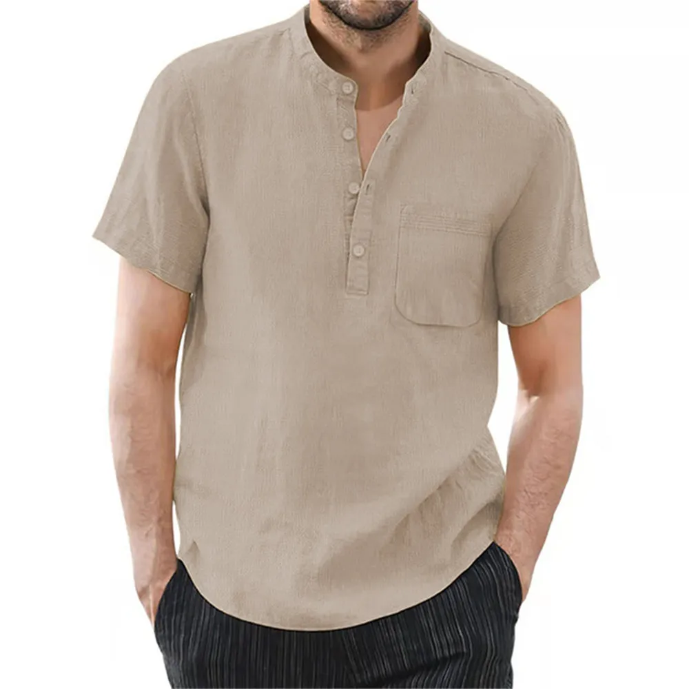 Men's Short Sleeve T-shirt Cotton and Linen Casual Men T-shirts Solid Color Summ