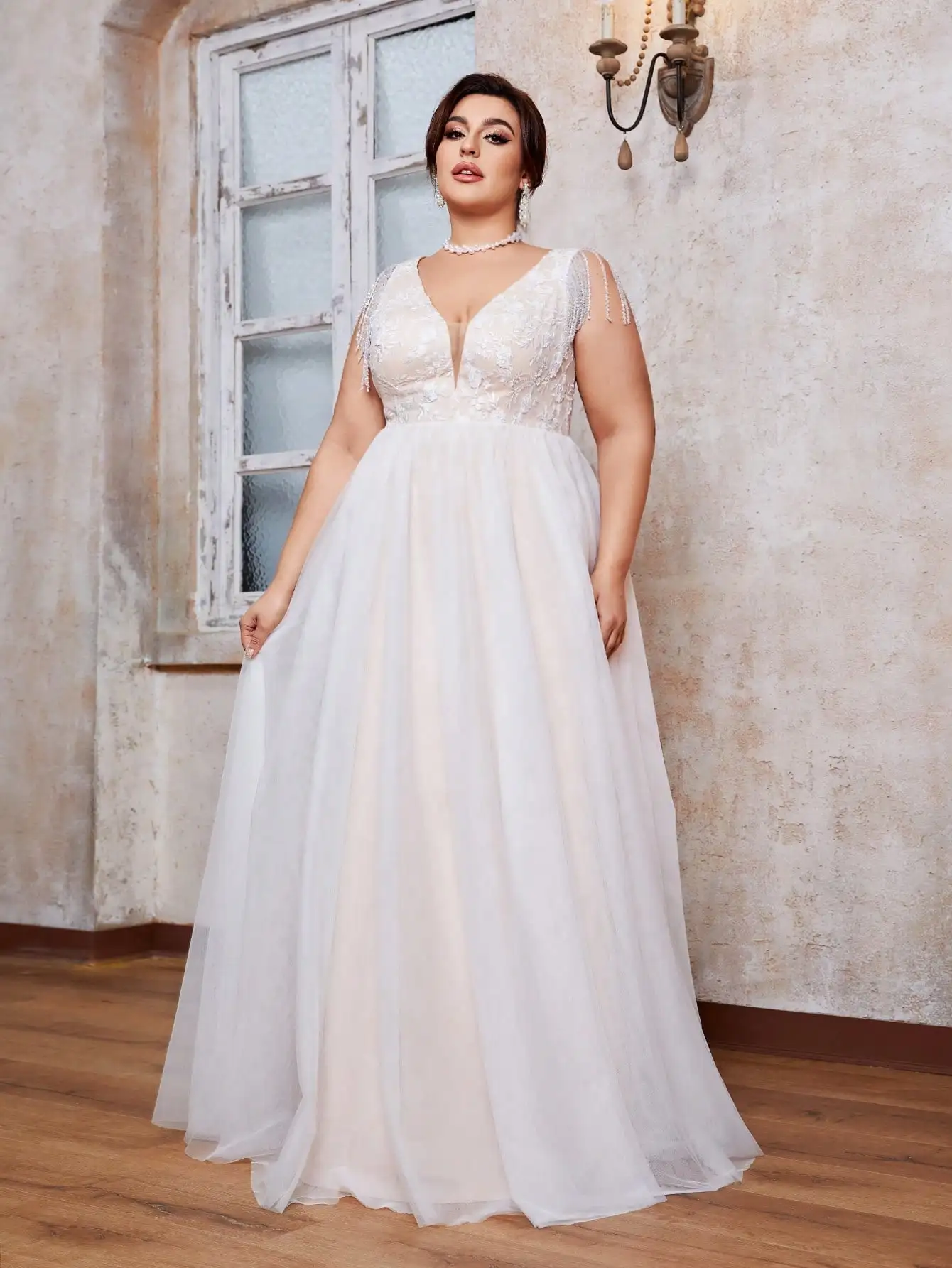 Mgiacy plus size V-neck embroidered lace Patchwork beaded chain fringe gauze wed