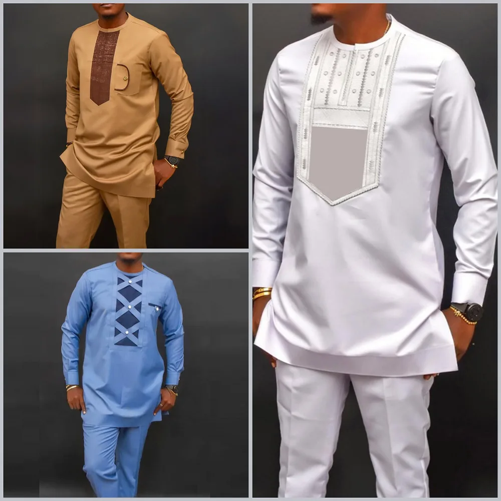 New 2Pc Luxury African Traditional Men's Clothing Elegant Full Suits Male Pant S