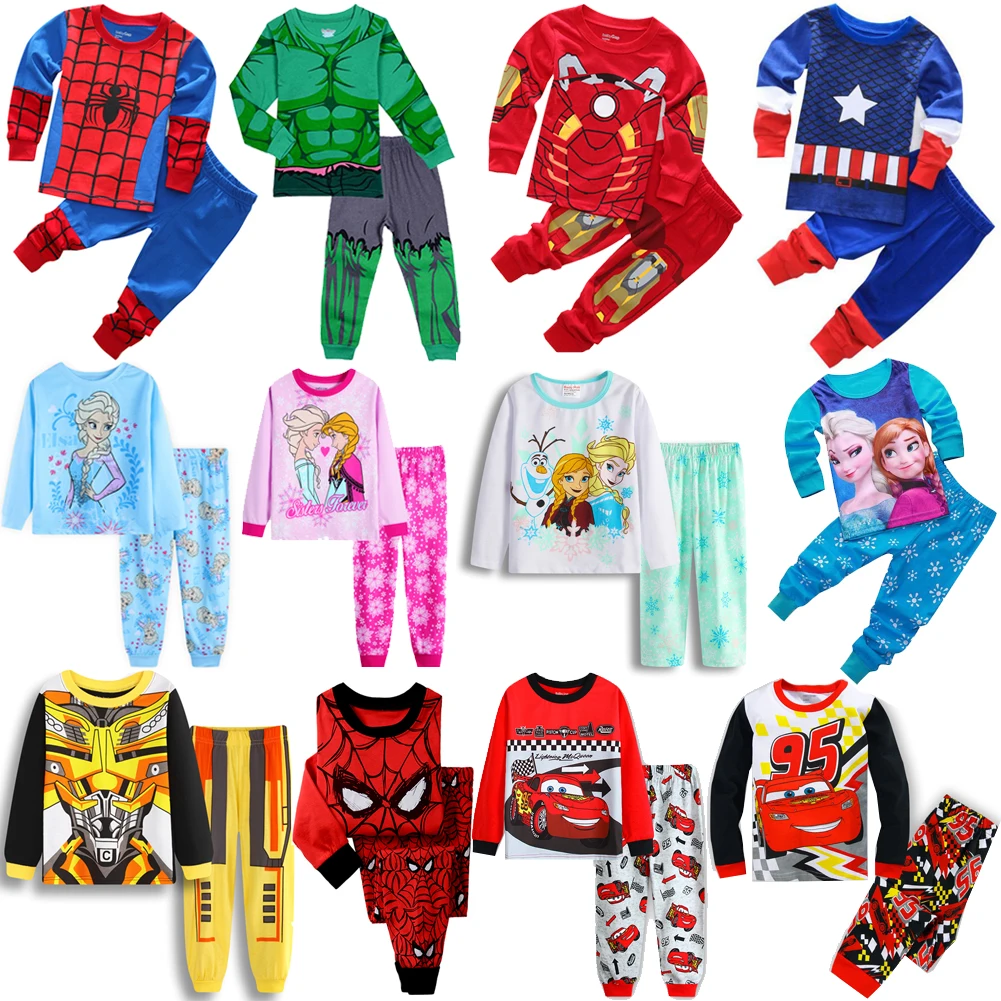 New Children Spiderman Sets Cars Boys Elsa Anna Cartoon Print Nightwear Girls Fa