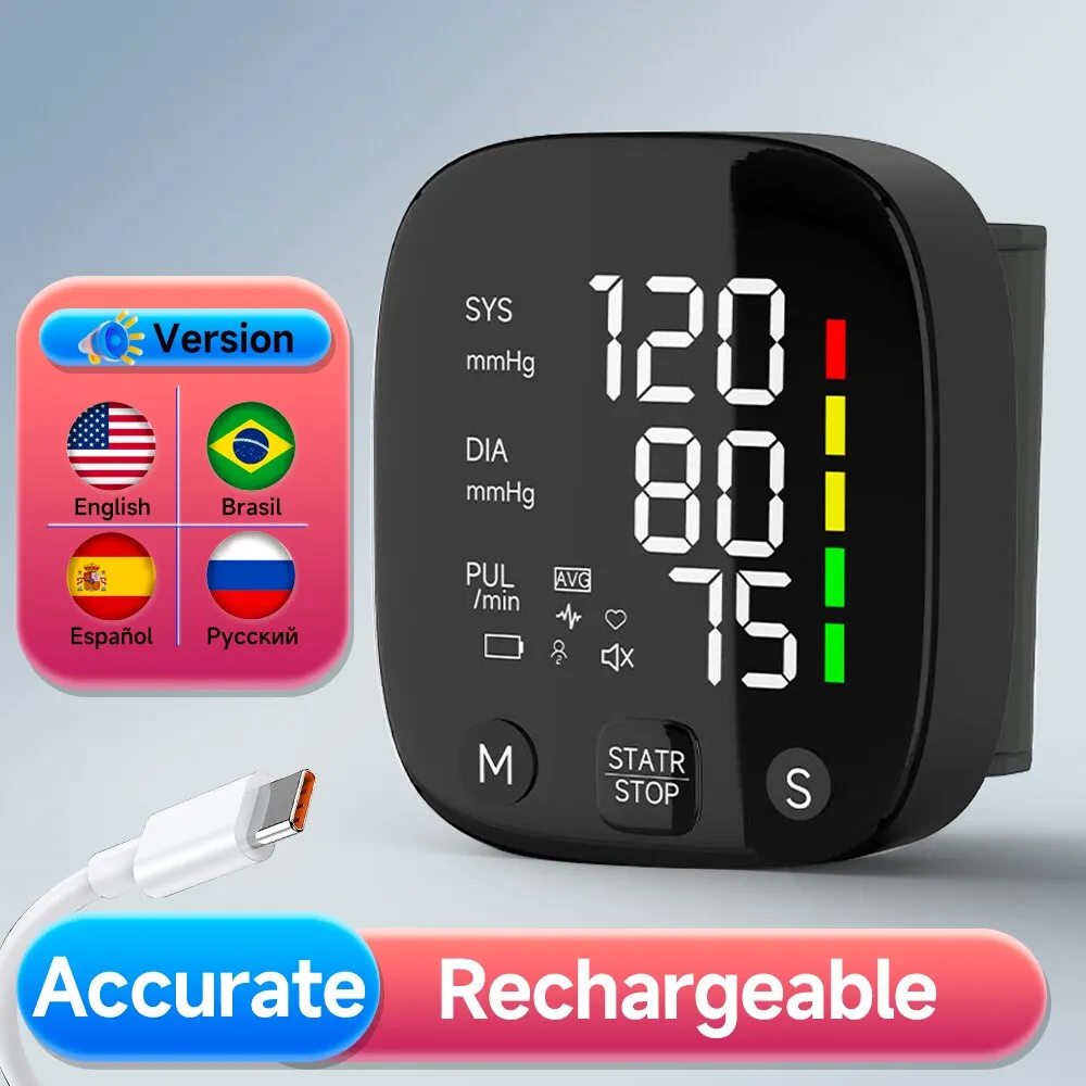New LED Rechargeable Wrist Blood Pressure Monitor English / Russian / Portuguese