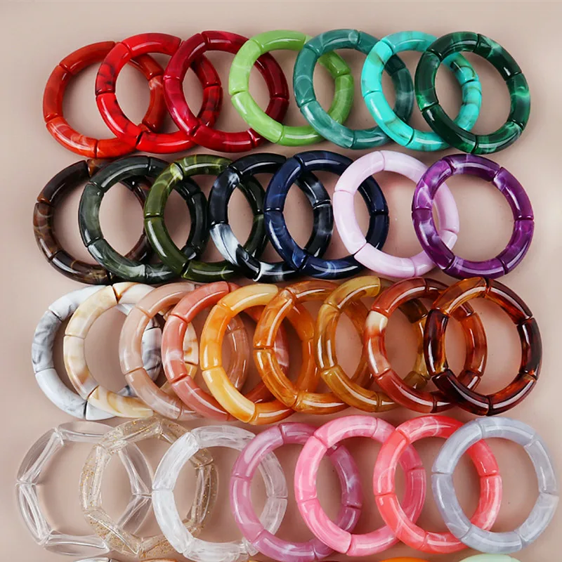 New Mixed Gold Color Tube Beads Acrylic Bracelets Bangles for Women Stretch Bamb