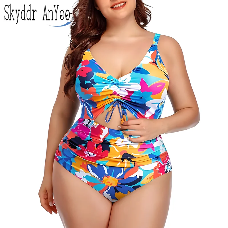 One Piece Floral Printed Women Plus Size Swimsuits Cutout Tummy Control Sexy Swi