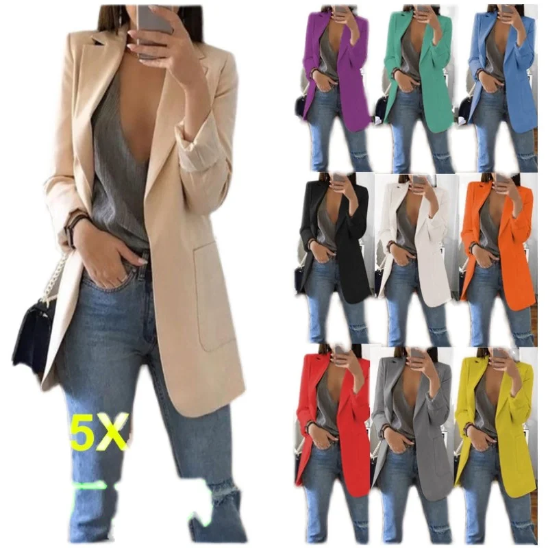 Plus Size Blazer Women Clothing Casual Cardigan Autumn Winter Overcoat Solid Lar