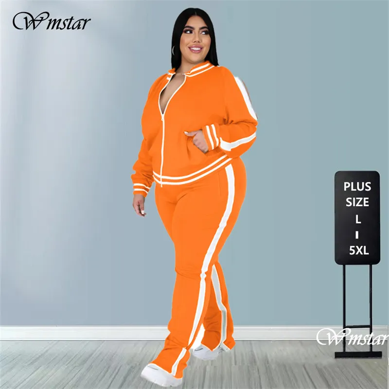 Plus Size L-5XL Two Piece Set Women Sweatsuit Zip Striped Top Slit Sweatpants Jo