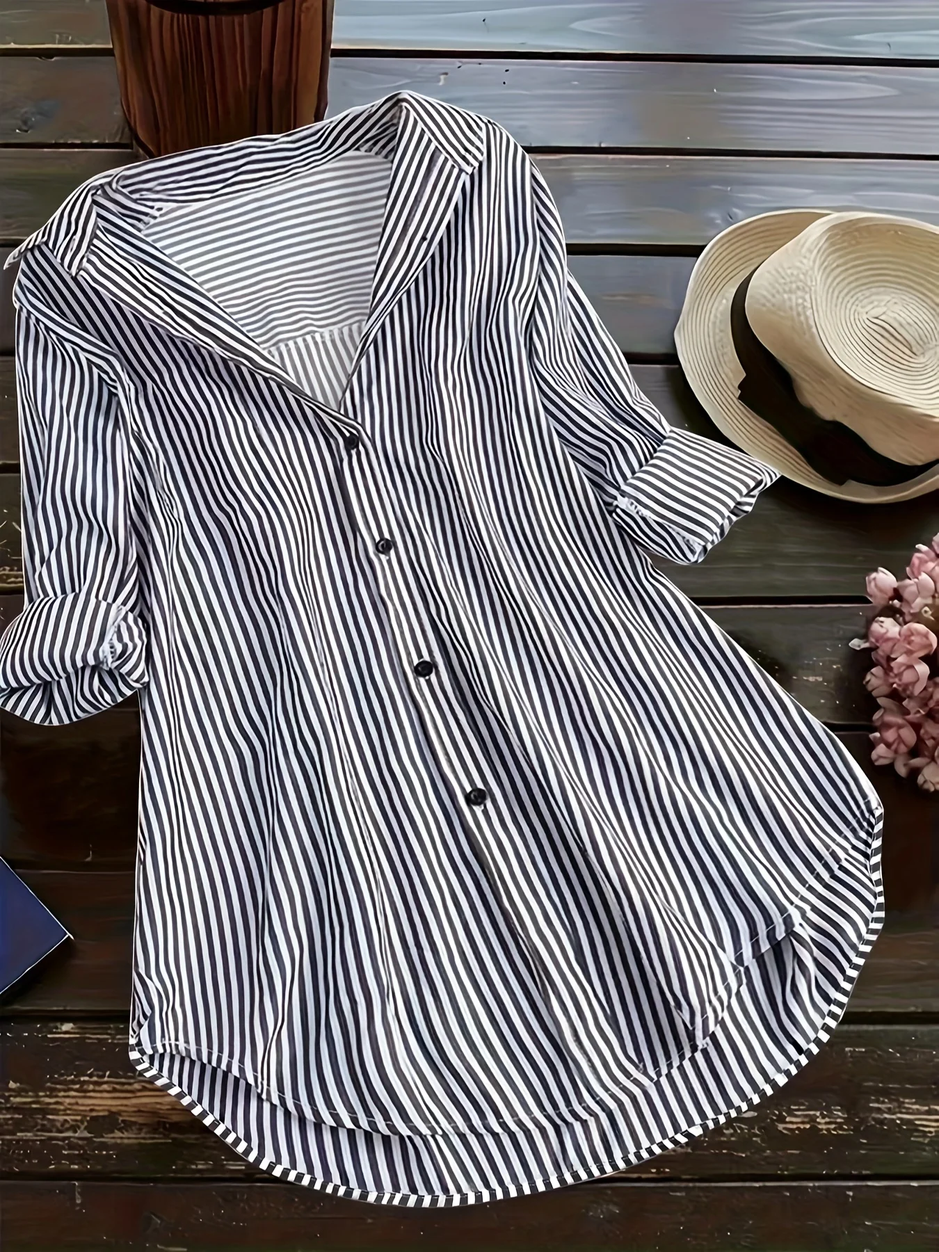 Plus Size Tops for Women Long Sleeve Casual Striped Print Button Down Shirts Loo