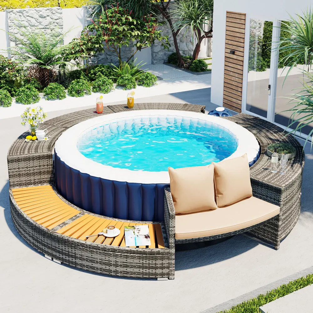 Premium Spa Pool Garden Furniture PE Grey Rattan and Acacia Wood with Storage