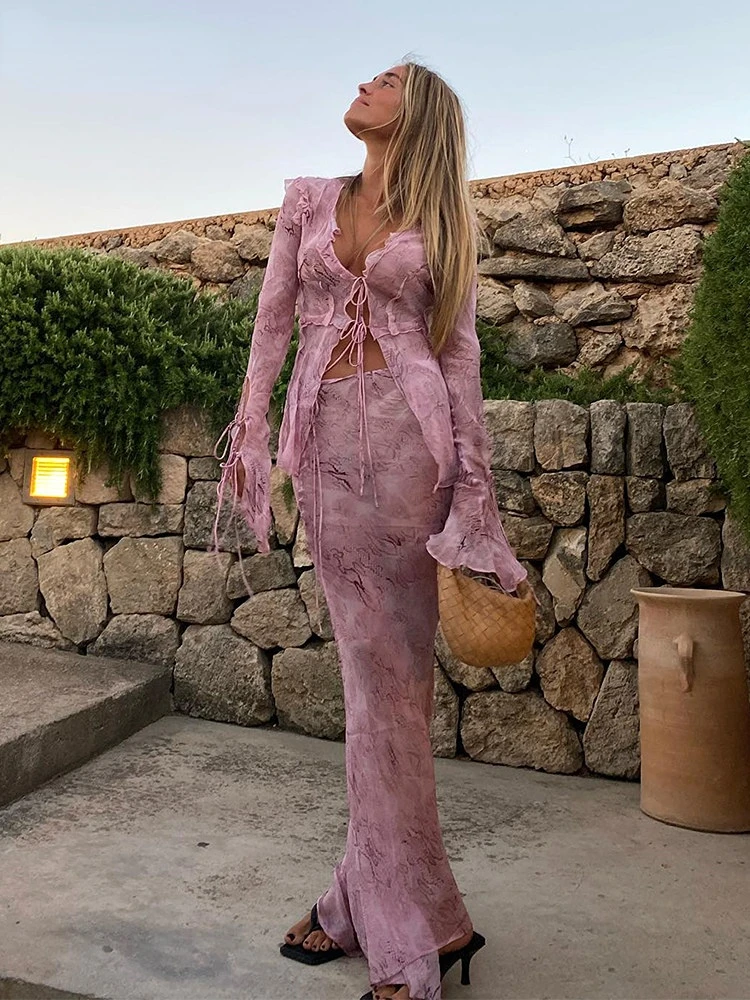 Print Y2K Mesh Long Sleeve Top Shirts Green and Maxi Skirt Bodycon Sexy Two Piec