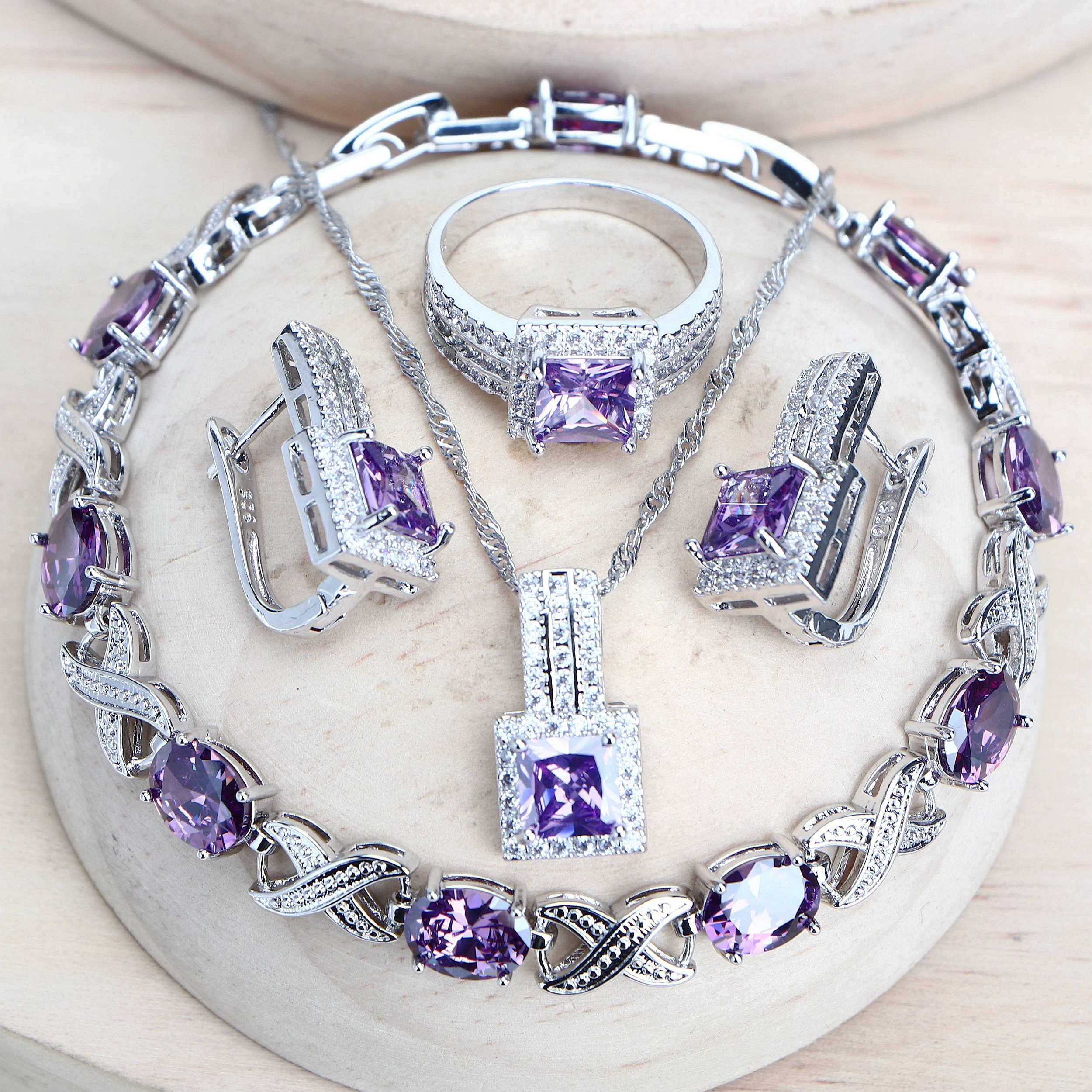 Purple Zirconia Women Bridal Jewelry Sets Silver 925 Fine Costume Jewellery Wedd