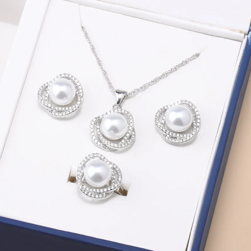 Real White Freshwater Natural Pearl Set Women Wedding 925 Sterling Silver Neckla