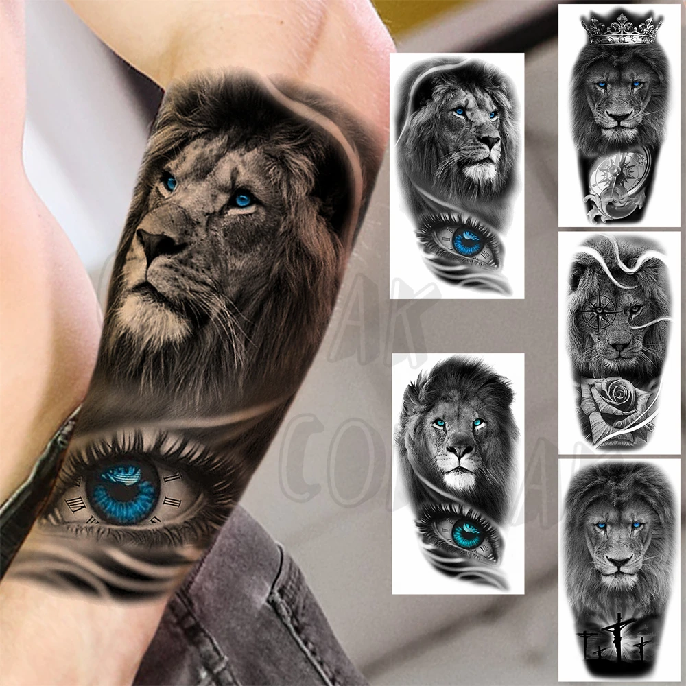 Realistic Lion Eyes Arm Temporary Tattoos For Women Adult Men Lion Compass Crown