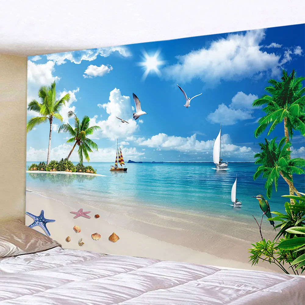 Refreshing Natural beach Landscape Decorative Tapestry Seaside coconut Tree Wall