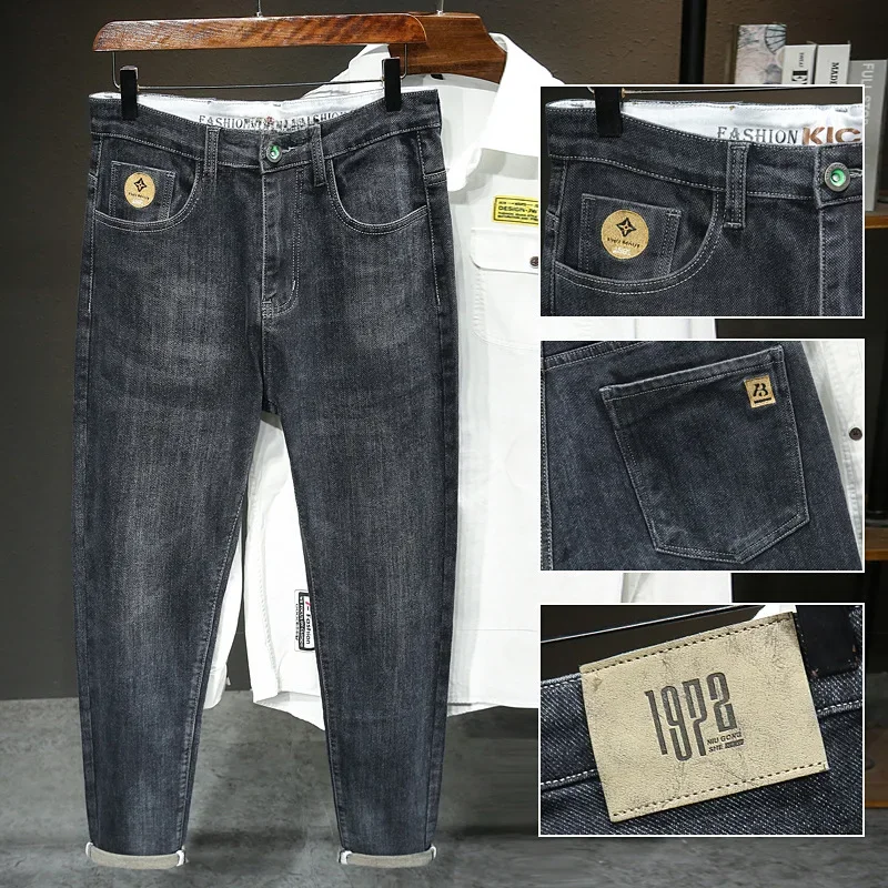 Retro Men Slim Fit Tapered Jeans Elastic Embroidery Print National Trend Store B