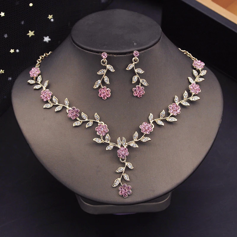 Rhinestone Bride Jewelry Sets for Women Luxury Flower Choker Necklace Earrings W