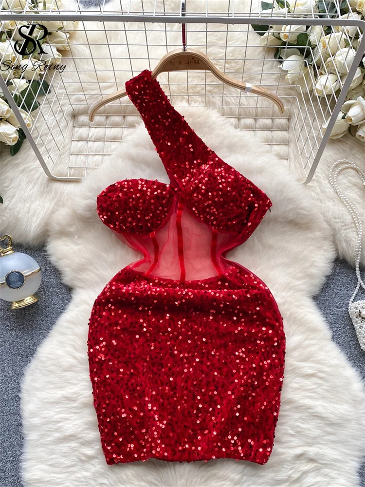 SINGREINY Autumn Bodycon Sexy Dress 2023 New Fashion Mesh Sequins Design Diagona
