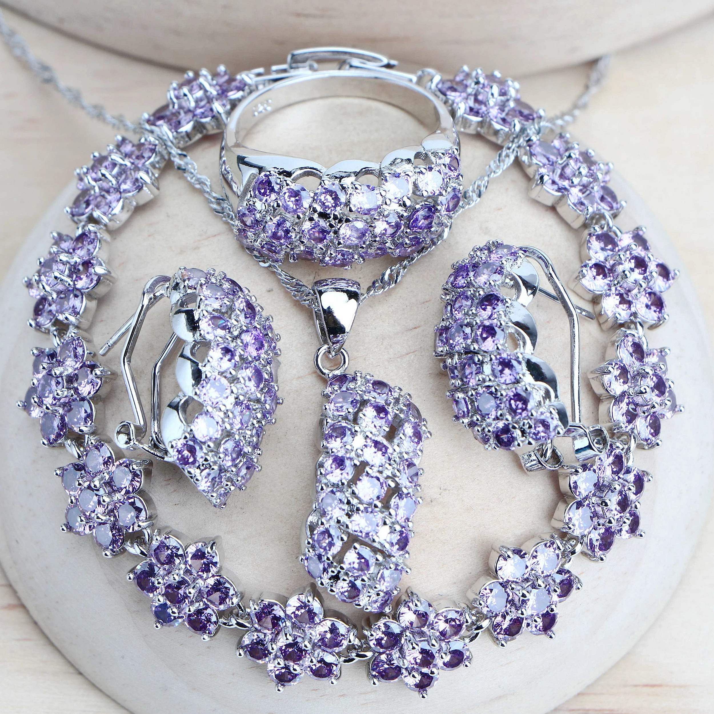 Silver 925 Women Bridal Jewelry Sets Purple Zirconia Fine Costume Jewellery Wedd