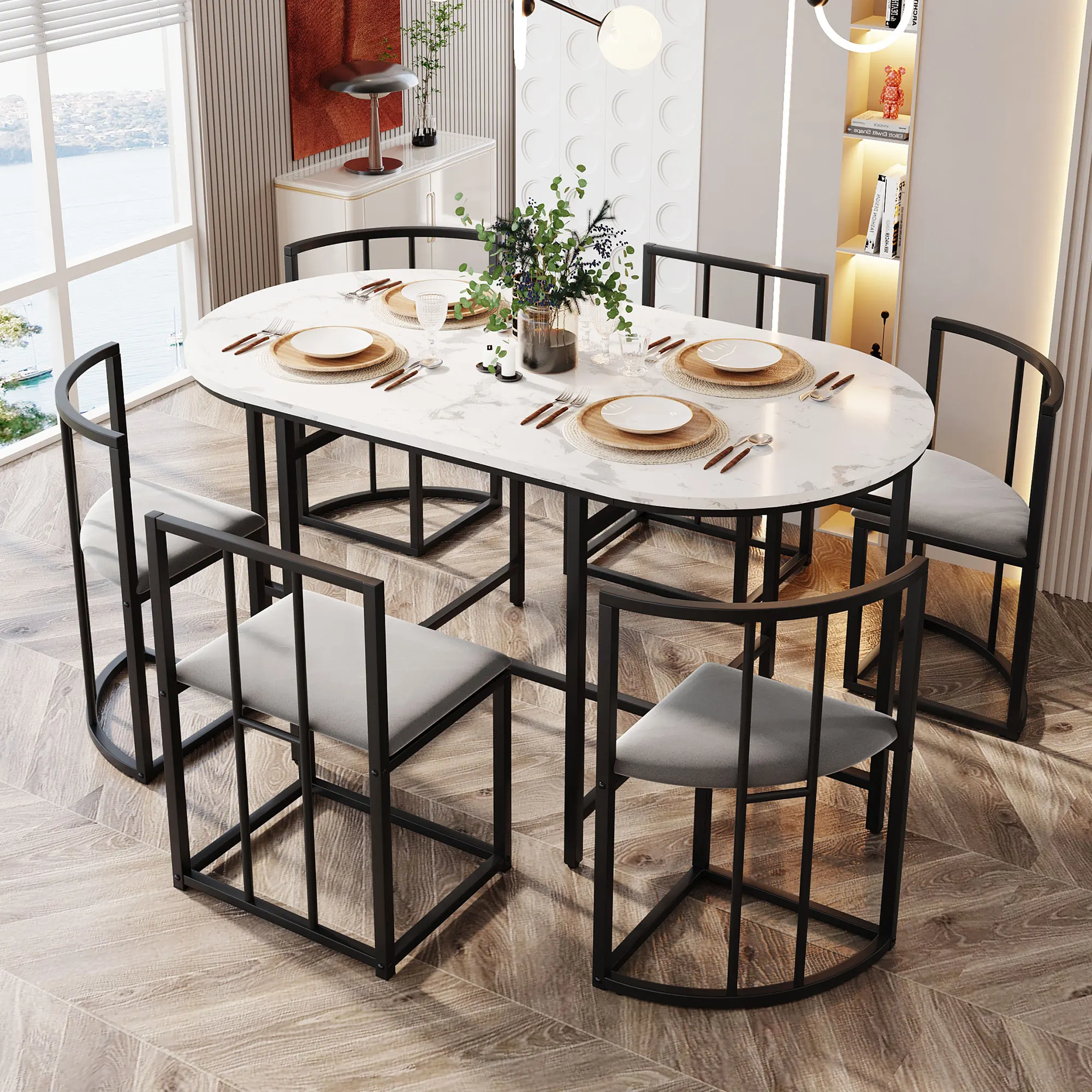 Six-chair dining table set ? White table, chairs with backs and gray upholstery,