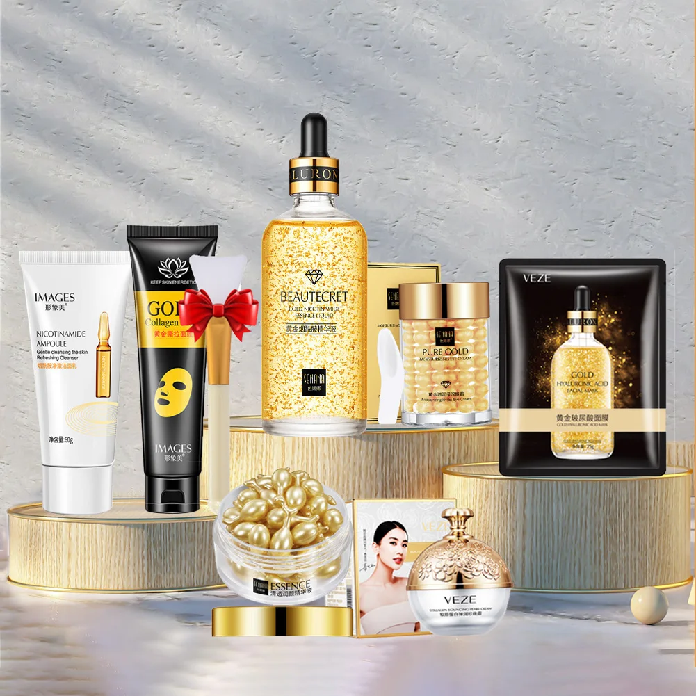 Skincare Set Niacinamide Cleanser 24K Gold Serum Hyaluronic Acid Mask Fade Dark 