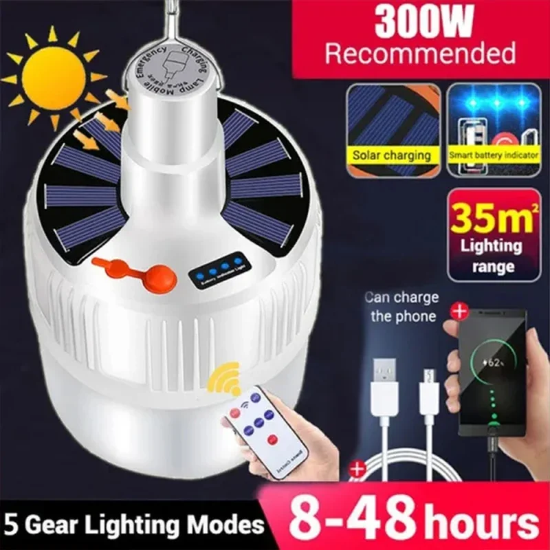 Solar Light Bulb Camping Solar LED Light USB Rechargeable 5Lighting Modes Tent H