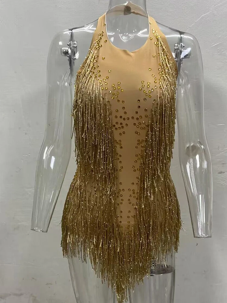 Sparkly Gold Tassel Rhinestones Glisten Beads Bodysuit Bar Dj Singer Dancer One-