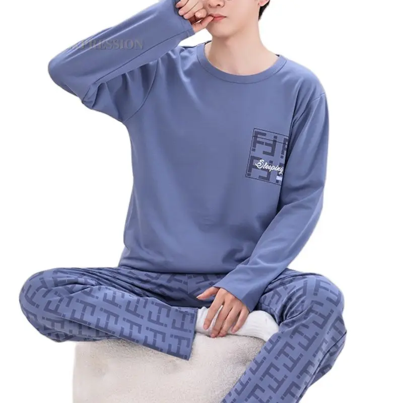 Spring Autumn Plus 5XL Knitted Men's Sleepwear Letter Lattice Pajamas Plaid Paja