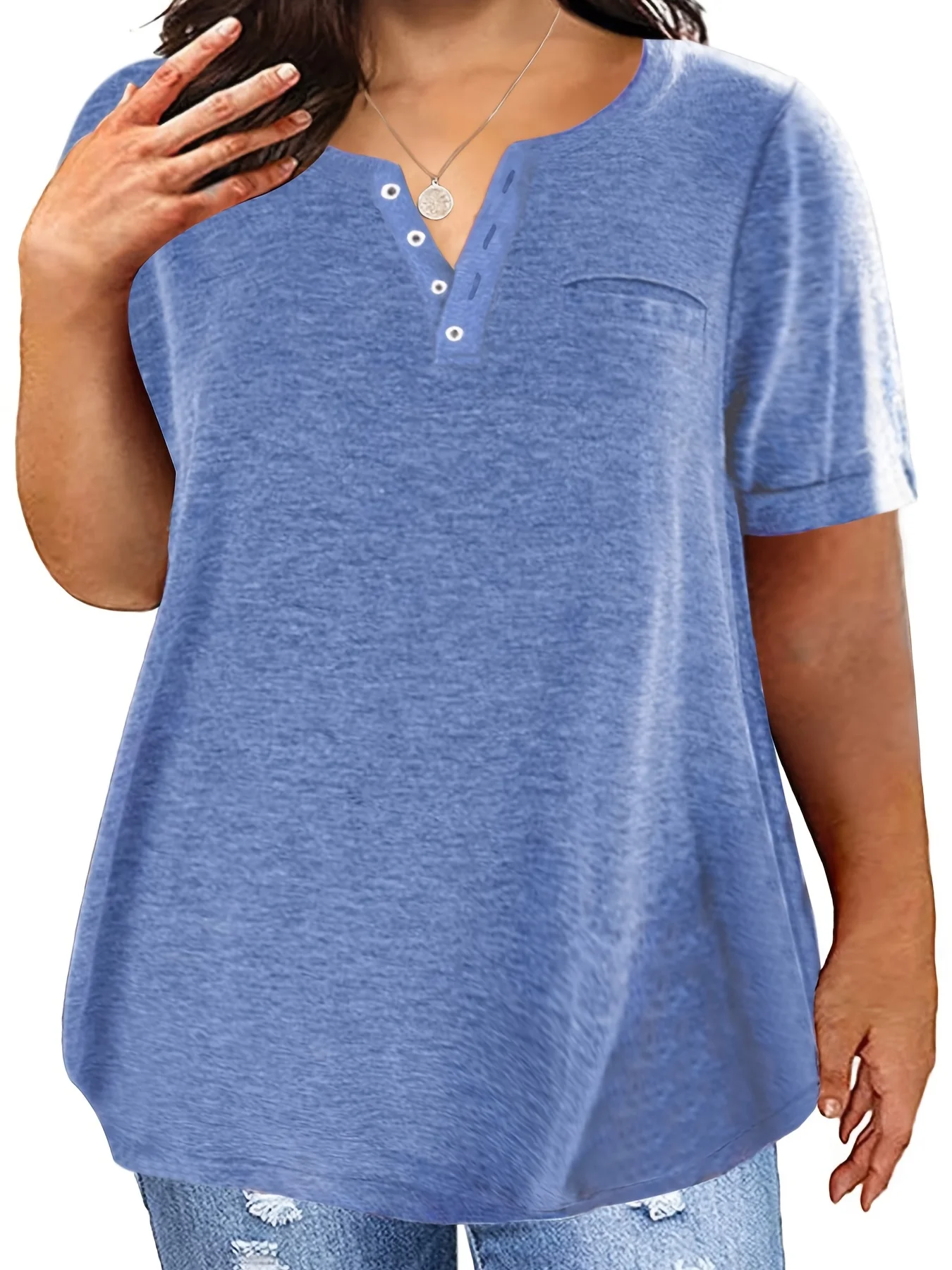 Spring and Summer New Style Top V-neck Short Sleeve Pocket Loose T-shirt Women P