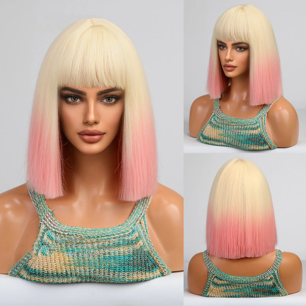 With Bangs Short Bob Cosplay Wig for Women Daily Party Black Heat Resistant Medi