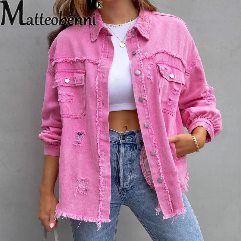 Sweet Color Splicing Pocket Denim Jacket Female Fashion Streetwear Lapel Long Sl