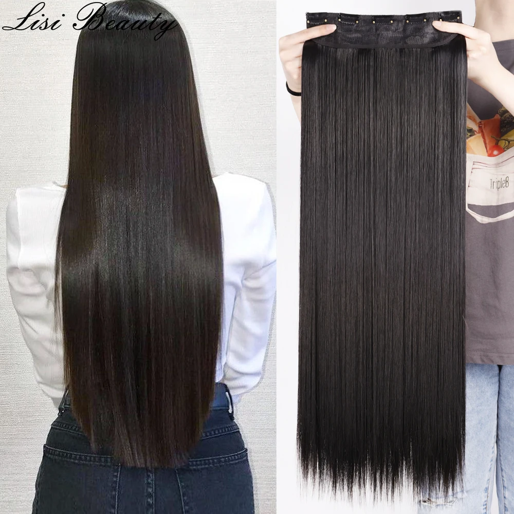 Synthetic 5 Clip In Hair Extensions Long Straight Hairstyle Hairpiece Black Brow