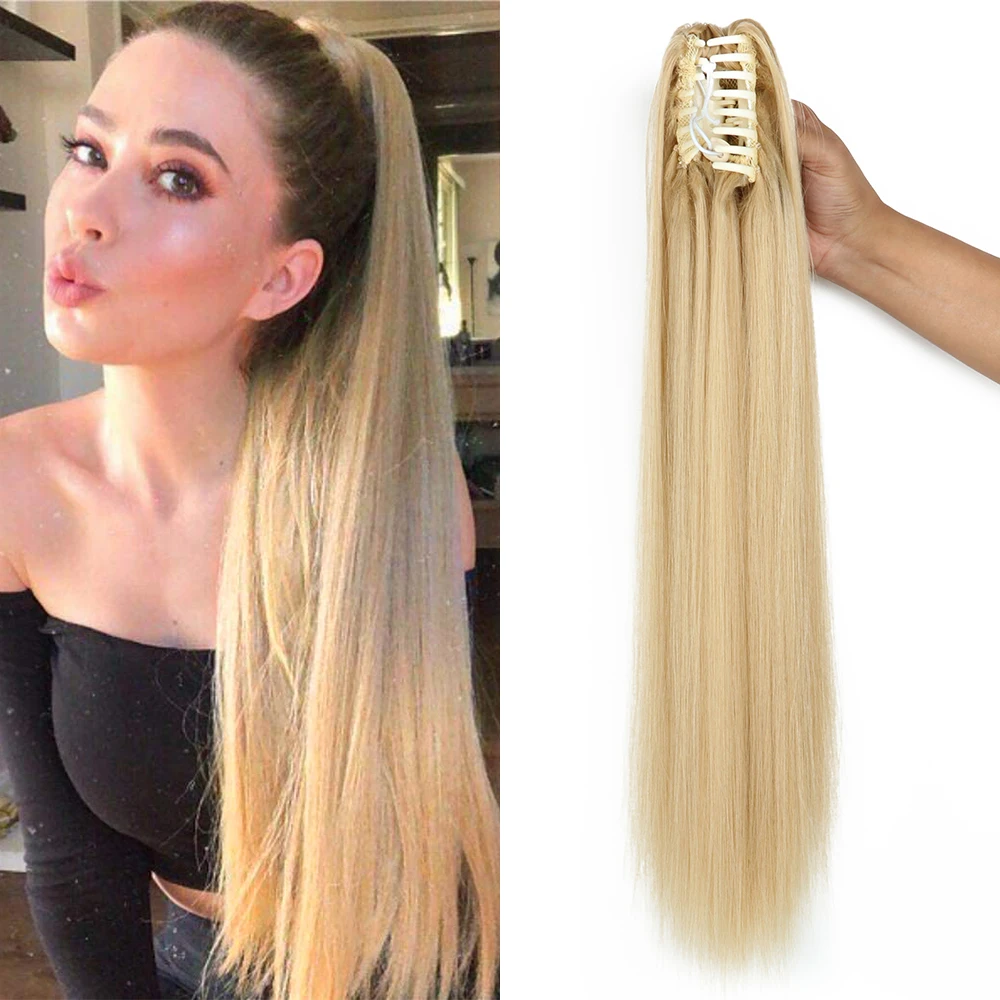 Synthetic Long Straight Claw Clip On Ponytail Hair Extensions 24Inch Heat Resist