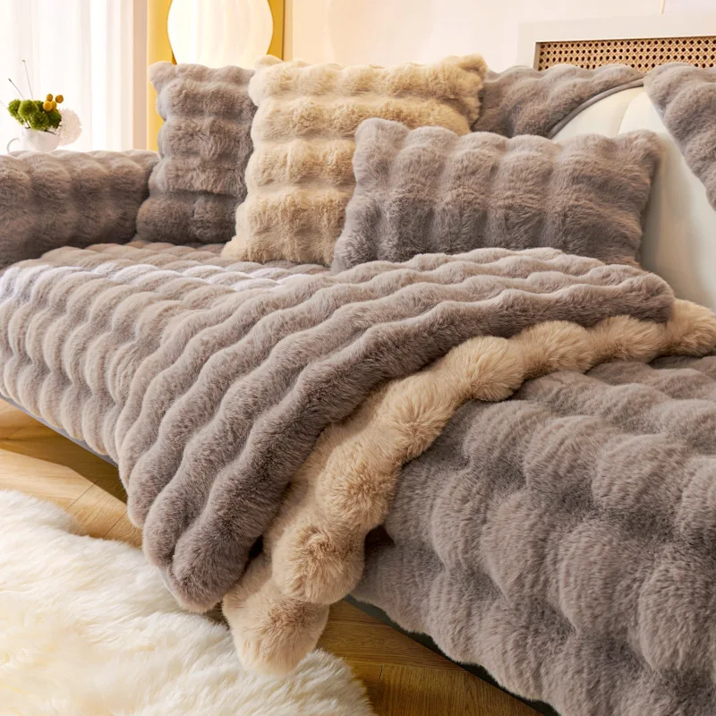 Thicken Imitation Rabbit Fur Plush Sofa Slipcover Non-slip Soft Sofa Towel Couch