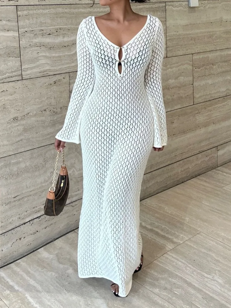 Tossy White Knit Fashion Cover up Maxi Dress Female See-Through V-Neck Hollow Ou
