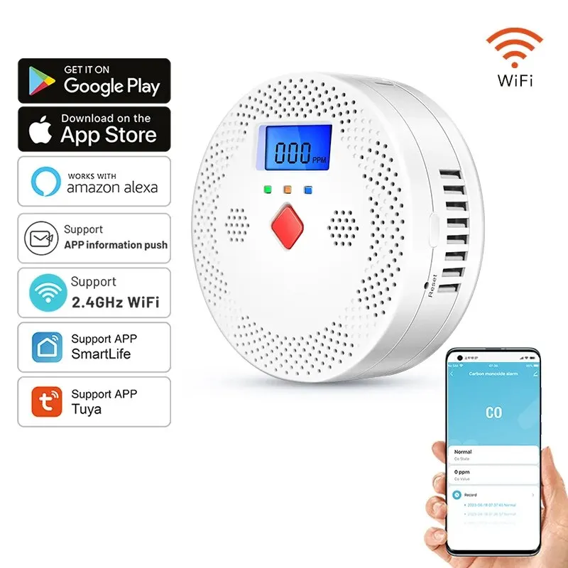 WiFi Smart Carbon Monoxide Detector Alarm 85dB Sound Warning LCD Digital Display