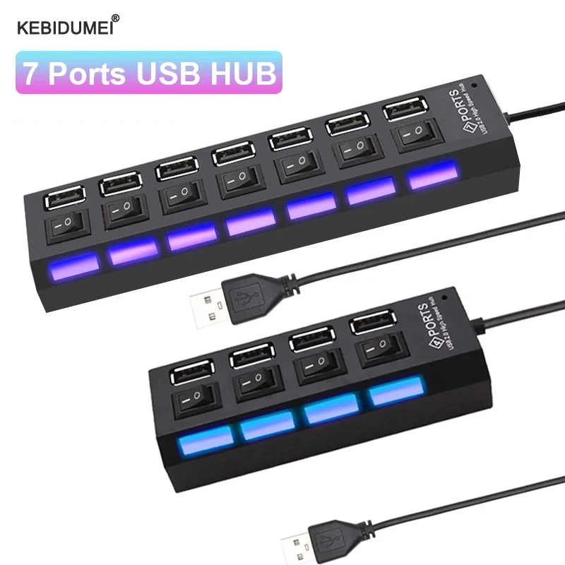 USB 2.0 Hub Multi USB Splitter Ports Hub Use Power Adapter 4/ 7 Port Multiple Ex