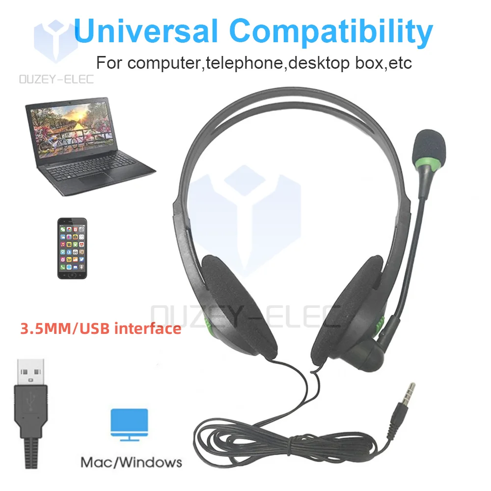 USB Headphones with Microphone Noise Cancelling & Volume Control Wired 3.5mm Pho