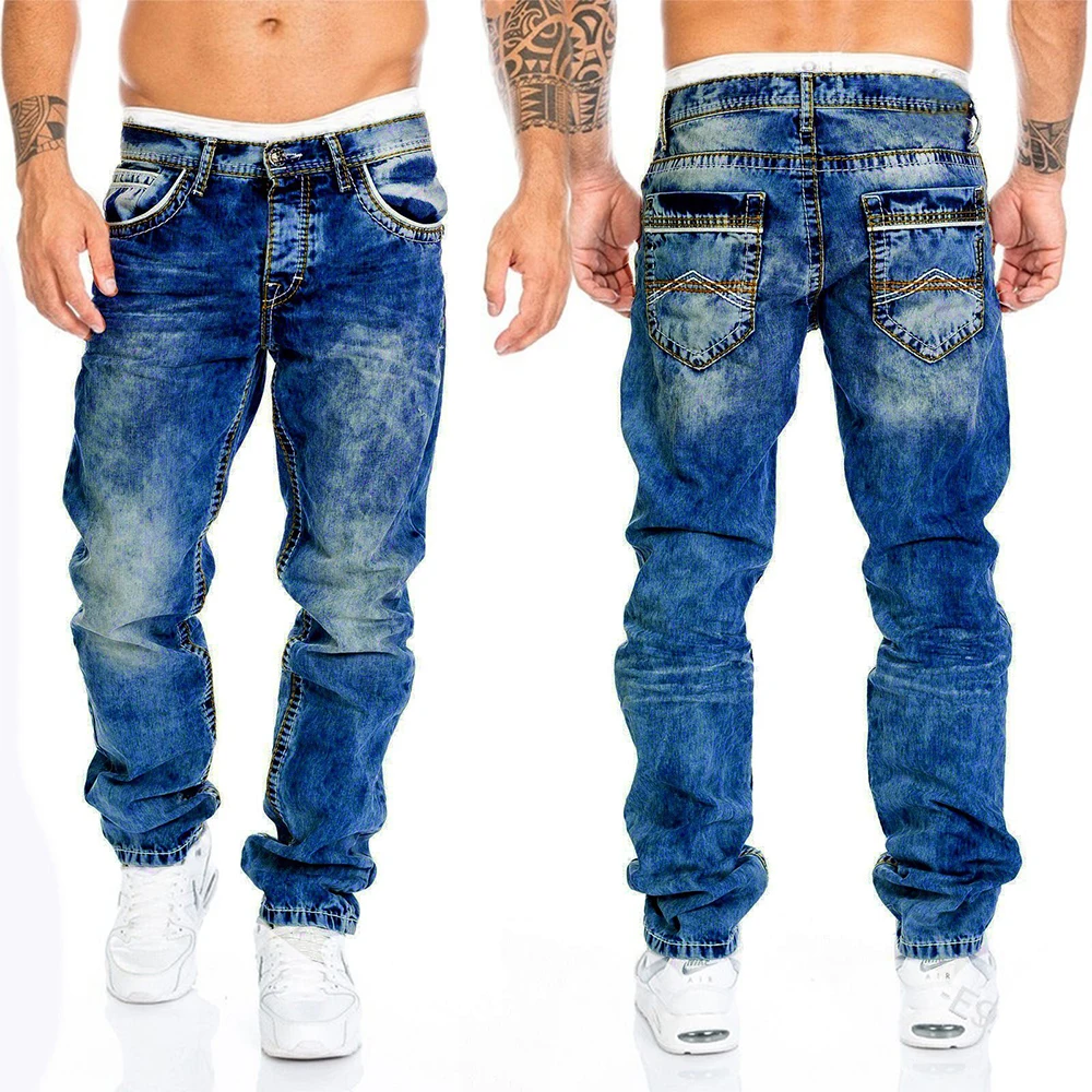 Vintage Snow Wash Straight Baggy Jeans Men Streetwear Casual Denim Cargo Pants A