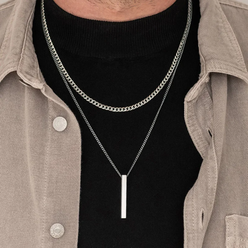 Vnox 3D Vertical Bar Necklaces for Men, Layering Stainless Steel Geometric Penda