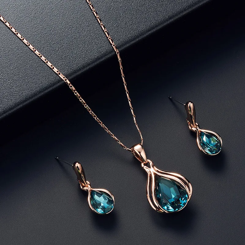 Water Drop Shape Pendant Necklace & Drop Earrings Set For Women & Girls Artifici