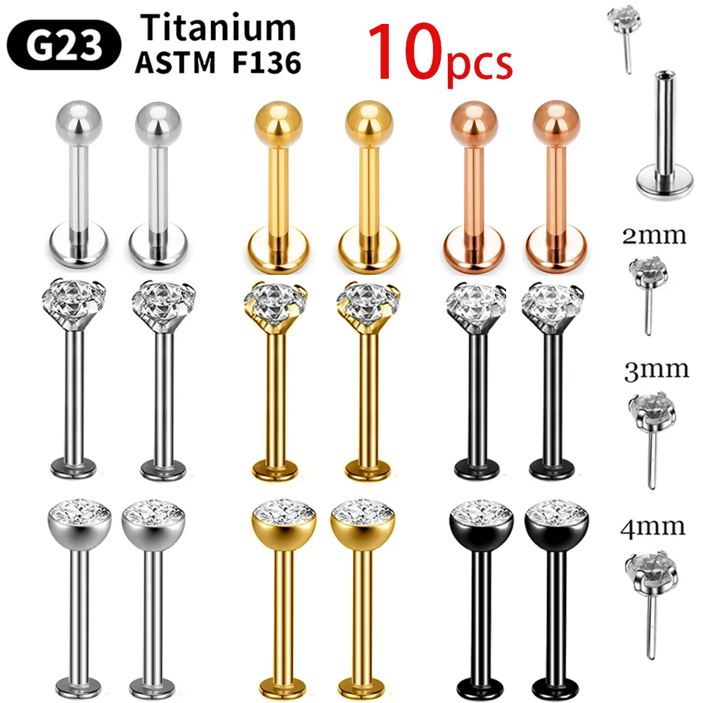 10pcs G23 Titanium Piercing Labret Lip Stud Zircon 20/18/16g Small Earring Foe W