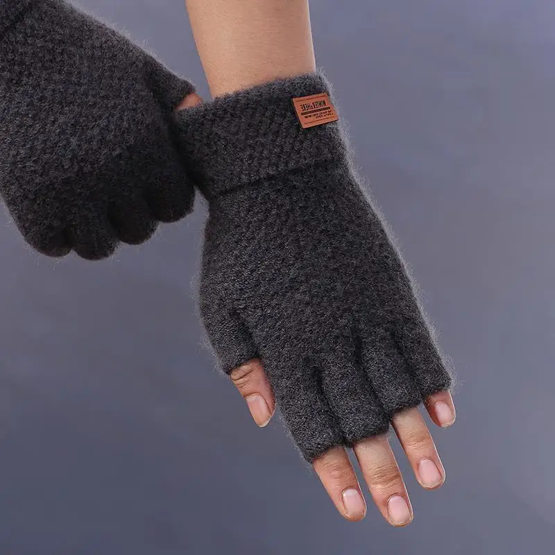 Winter Gloves For Men Half Finger Writting Office Cycling Knitted Gloves Student