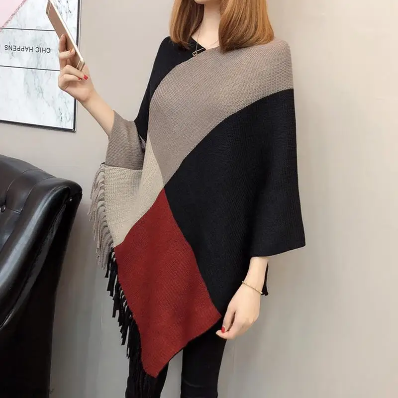 Winter Oversized Cloak Long Tassel Knitwear Coat Women Fashion Pullover Ponchos 