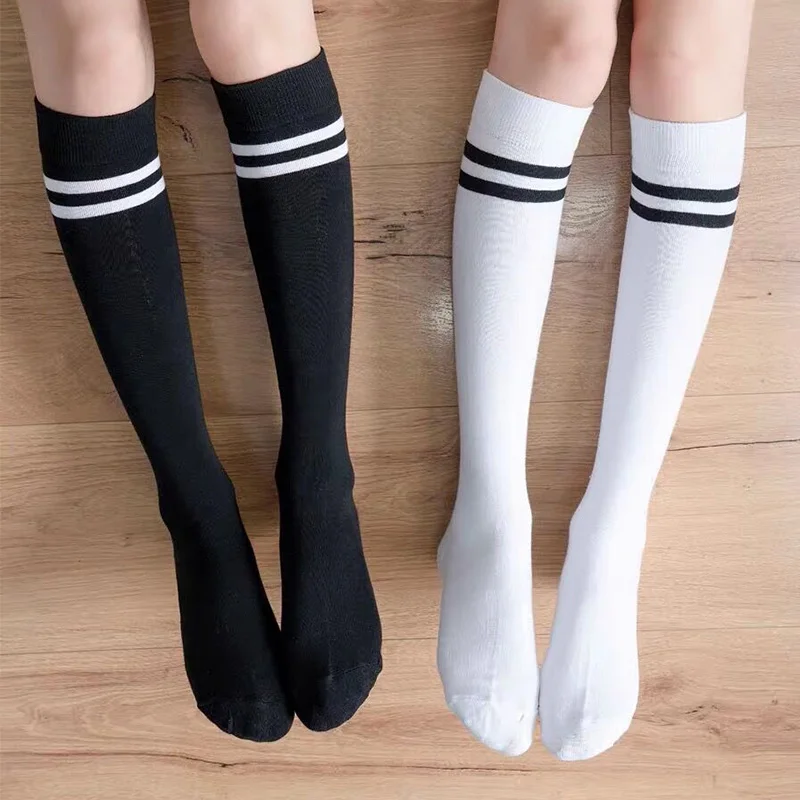 Women Striped Cotton Long Socks Japanese JK Black White Knee High Stockings Stud